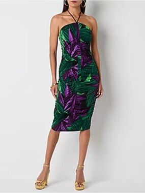 BOLD elements Strapless Tropical Leaf Midi Dress in Green & Purple